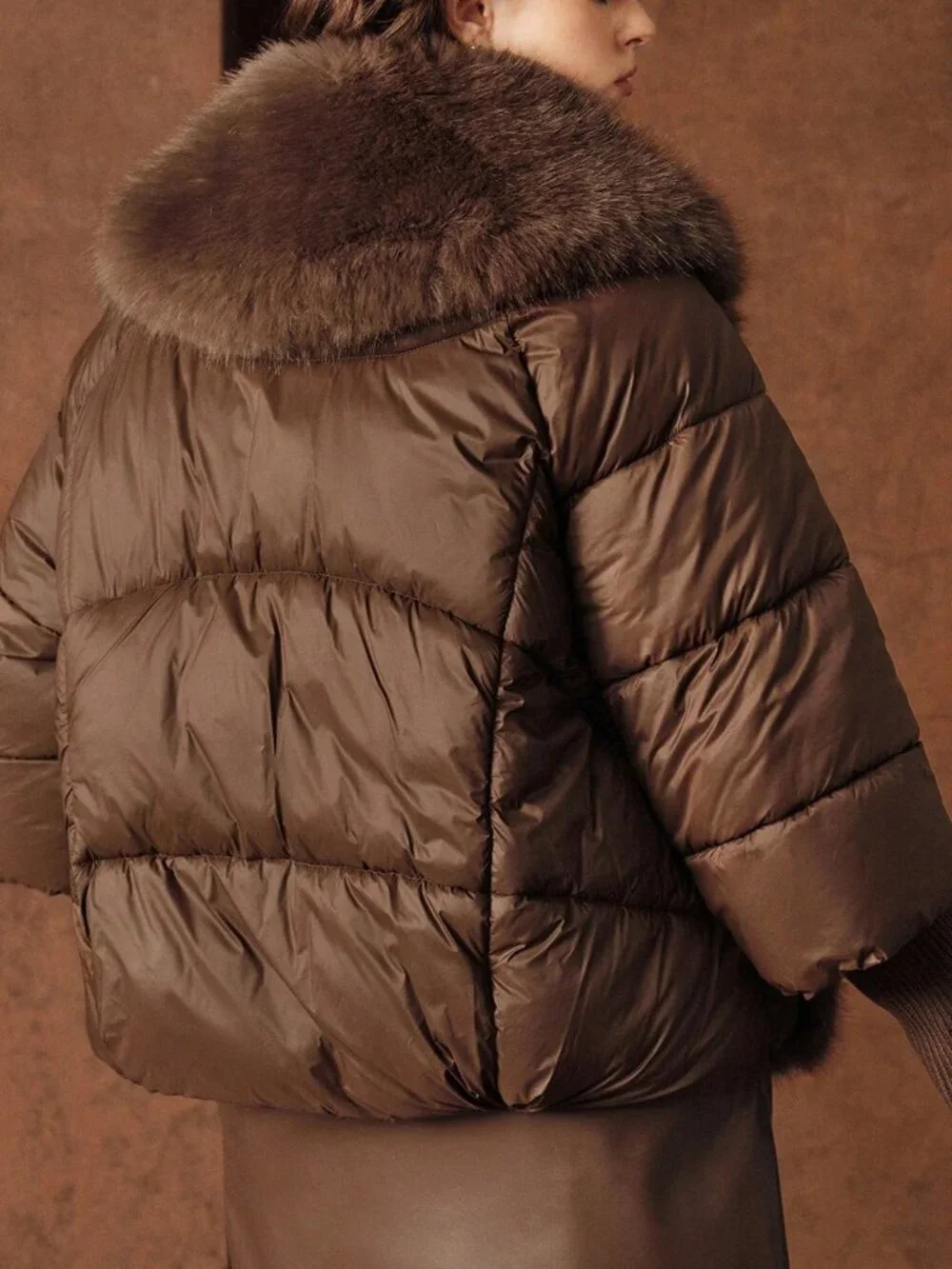 Brown Casual Women's Plus Size Contrast Faux Fur V-Neck Patchwork Zip Coat